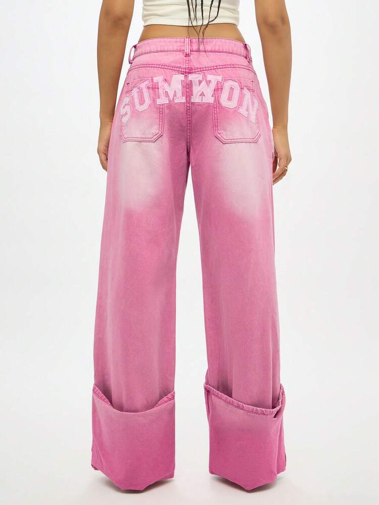SUMWON WOMEN Pink Denim Palazzo Jeans With Turn Up Cuffs