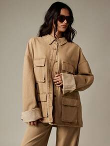 MISSGUIDED 大尺寸工裝牛仔外套 卡其米色純棉帆布 工作服風格 多口袋 鈕扣前襟 領口設計 秋冬外套 街頭風 - 卡其色 - 查看 3
