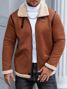 Manfinity CasualCool 男士纯色保暖长袖夹克外套，秋冬季，男士纯色绗缝外套，男士保暖夹克，冬季男士夹克，Gary夹克，保暖内衬夹克，外出浅灰色休闲夹克，送给朋友、丈夫、男友的礼物，男士冬季夹克，羊毛夹克，男士麂皮夹克，棕色夹克，棕色拉链夹克，男士抓绒夹克 - 棕色 - 查看 5