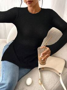SHEIN Frenchy Solid Color Round Neck Split Hem Fitted Elegant Long Sleeve T-Shirt Black Tops Winter Casual Spring - Black - View 6