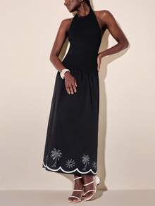 CAJUNI Women's Boho Colorful Print Vacation Casual Beach Elastic Waist Long Dress With Ruffled Hem And Hollow-Out Pattern