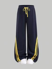 SHEIN Sparklyn Tween Girls' Casual Contrast Striped Drawstring Sweatpants Fall Winter - Navy Blue - View 4