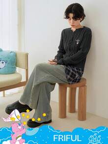 SHEIN X Care Bears FRIFUL Women's Casual Everyday Commute V-Neck Criss-Cross Tie Cartoon Embroidery Cable Knit Sweater