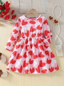 1pc Girls' Fashion Heart Print Round Neck Long Sleeve A-Line Elastic Waist Fitted Dress, Suitable For Valentine's Day Party, Spring/Autumn - Pink - View 7