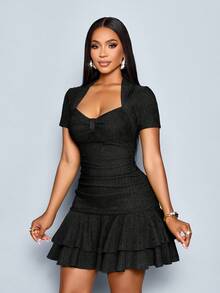 SOLERSUN 女式春夏纯色休闲优雅派对日间简约基本款新款 V 领短袖修身针织褶皱双褶迷你连衣裙 - 黑色 - 查看 4