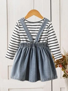 2 件女婴休闲可爱黑白条纹圆领长袖 T 恤搭配蓝色心形牛仔背带裙工装裤 2 件套 - 藍色 - 查看 2