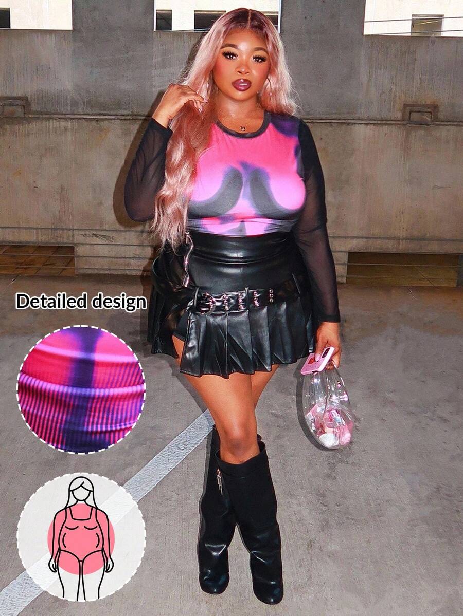 Enliva Obviously_ebony Plus Size Body Morph Figure Graphic Contrast Mesh Teenew Party Outfit Sexy Outfit Sexy Outfits Club Long Sleeve Birthday Outfit Valentine Day Bachelorette Party Spring Women Clothes, For Apple Rounded Body Shape