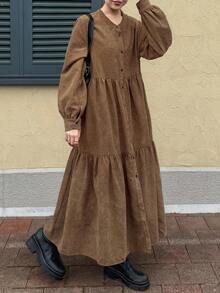 FRIFUL Women's Corduroy Patchwork Loose Hem Casual Long Dress - Khaki - View 2