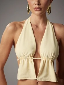 Hauture Women's Summer Going Out Vacay 2 Pieces Set With Butter Yellow Texture Chiffon Top And Pant - Yellow - View 2