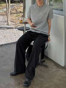 DAZY 男士条纹黑色西装裤，适合全年通勤及秋季商务着装 - 黑色 - 查看 5