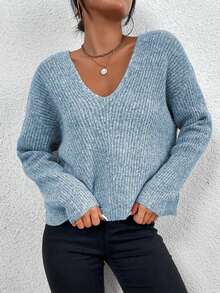 EMERY ROSE Áo len chui đầu dáng rộng cổ chữ V hở vai dài tay cho nữ, mùa thu - Màu xanh nhạt - Xem 5