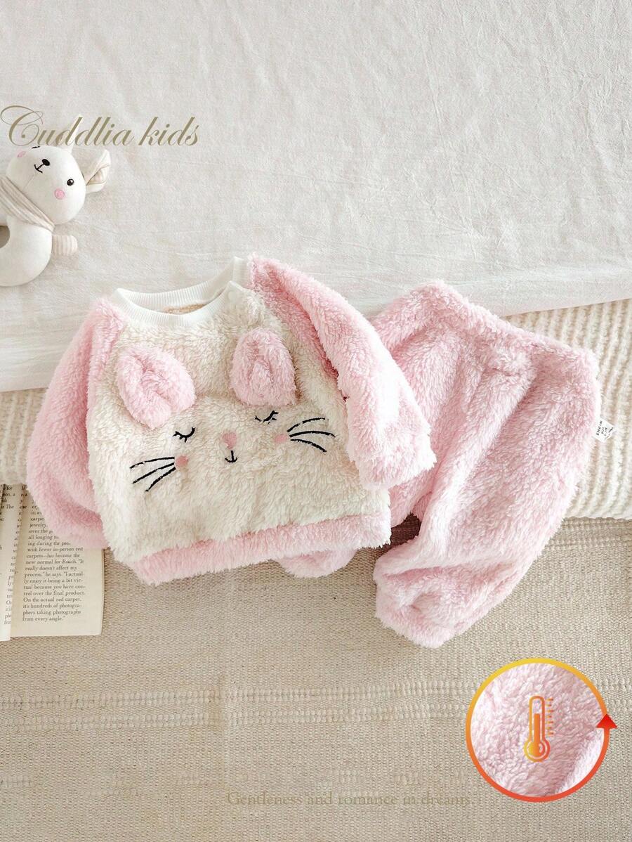 2 件套新生女婴羊毛睡衣套装，可爱兔子刺绣耳朵设计露肩，长袖上衣和裤子，秋冬家居服 - 粉色 - 查看 1