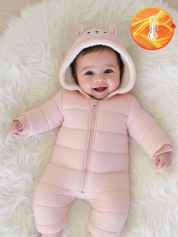 SHEIN Playful Pals 1 pieza Mono con capucha con cremallera frontal y decoración de orejas de oso bordadas para bebés niñas, puños y aberturas de piernas acanalados, mono de diario casual y cálido, nuevo 2020