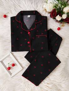 School Girl Style 2pcs Pajama Set, Girls Cute Cherry Print Long Sleeve Shirt And Pants, Casual Loungewear Cherry Pajama Set Fall Winter