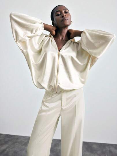 Maija 2025 Early Autumn Batwing Sleeve Metallic Deep V-Neck Ruffle Hem Women Blouse, Suitable For Modern Urban Party, Back To School Season Business Casual Woman Work Blouses For Women Business Casual Women Fall Outfits Winter Jacket Cardigans,