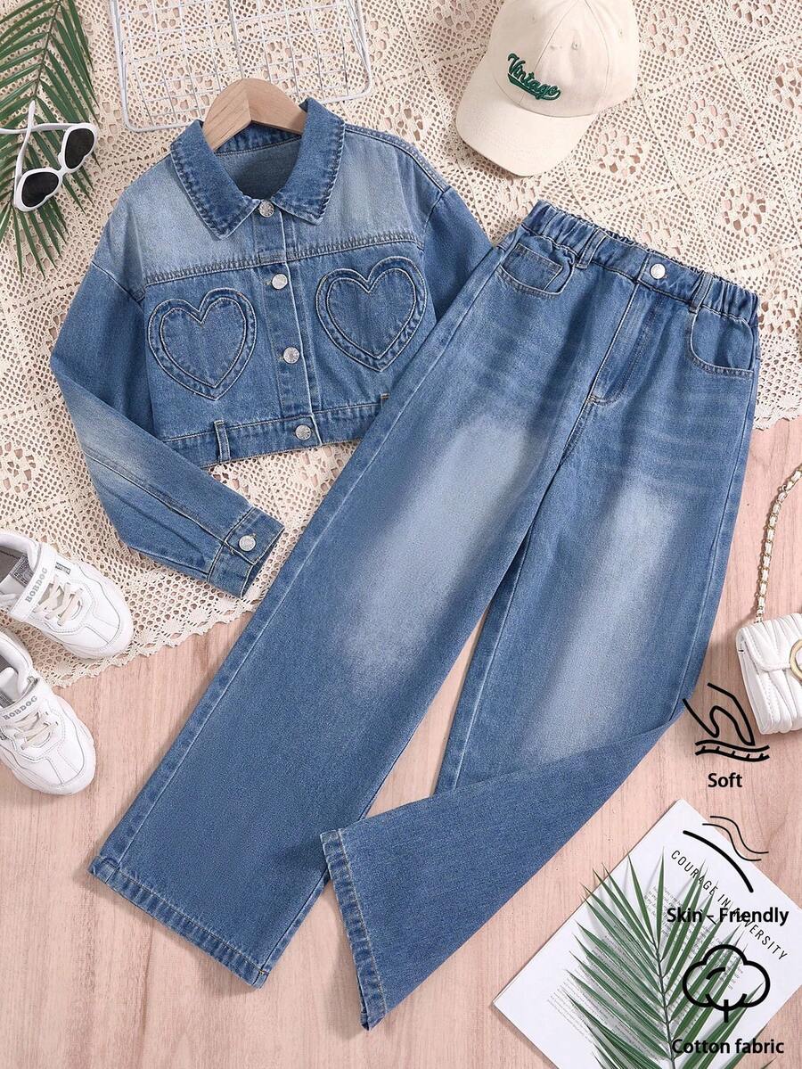 Conjunto Denim de 2 Peças para Meninas Pré-Adolescentes, Estilo Y2K, Design de Bolso em Formato de Coração, Confortável Casual, Moda Streetwear, Jaqueta de Manga Longa em Denim Lavado Suave e Calça Reta, Adequado para Primavera/Outono - Lavagem Média - Visão 1