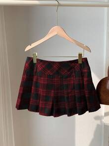 Comfortcana 女式休闲格子褶皱A字裙，秋季 - 紅色 - 查看 2