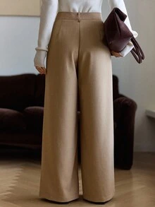 DAZY 女士褶裥宽松休闲裤，都市休闲商务裤装 - 卡其色 - 查看 4