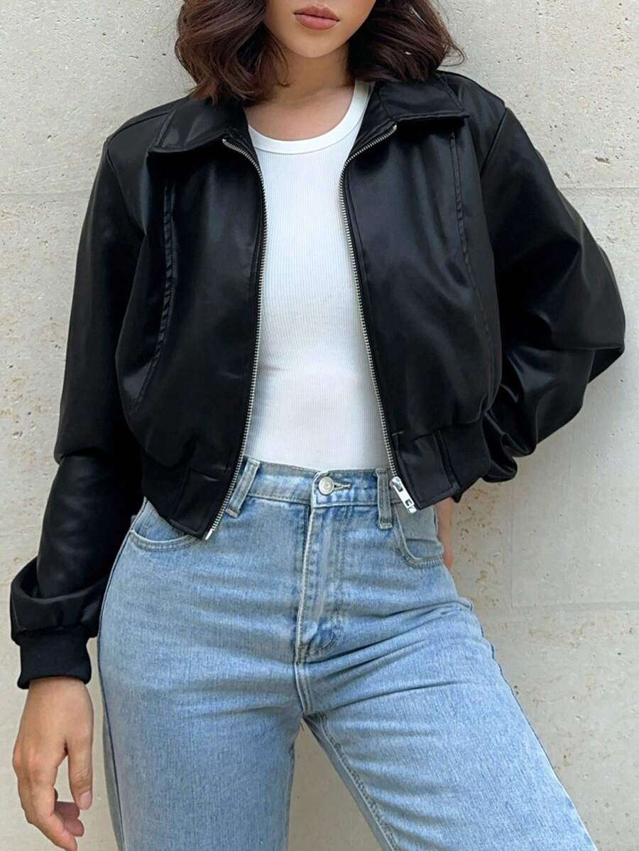 DAZY 女式翻领长袖短/长款 PU 皮革街头休闲夹克 - 黑色 - 查看 1