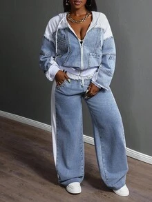 Slaydiva 大码女式休闲连帽拉链长袖宽松牛仔夹克 - 藍色 - 查看 2