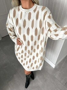 SHEIN Tall Tall Size Elegant Winter Gold Lurex Shining Jacquard Mini Sweater Dress,Dresses For Women,Jumpers For Women Leopard Print Cheetah Print - Apricot - View 3