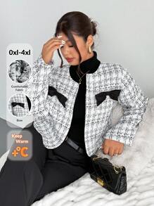 Firerie 加大码女式法式短款格子夹克，长袖，蝴蝶结装饰口袋，适合情人节、音乐会、演出 - 黑與白 - 查看 3