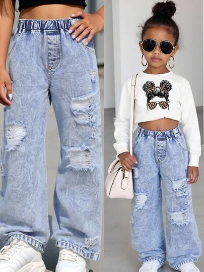 SHEIN Sparklyn Girls Toddler Elastic Waist Distressed Denim Wide Leg Jeans Pants, Suitable For Spring, Summer, Autumn, Winter Daily Wear, Outdoor Travel, Party Fall