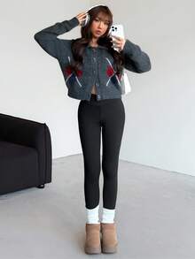 SHEIN Teen Girl Slim Fit Casual Minimalist Comfortable Long Black Basic Solid Color Yoga Leggings