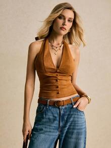 Poéselle Brown Top,Women's Faux Suede Halter Waistcoat Crop Top – Button-Front V-Neck Sleeveless Bustier,Waistcoat Crop Top, Brown Corset Top, Going Out Top,All Capsule Wardrobe, 70s  Faux  Suede Fashion, Boho,Y2K Night-Out Look,Women's Solid Color Button Design Ruched Cropped Fitted Halter Neck Tank Top Rust Brown Top Western Top Cowgirl Top Western Tops Buckle Top,Fall/Winter