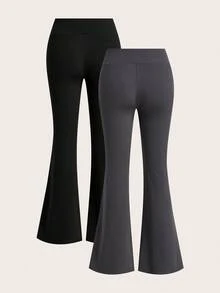 SHEIN EZwear 2件套女士黑灰色腰部交叉设计紧身休闲喇叭裤套装 - 彩色 - 查看 2