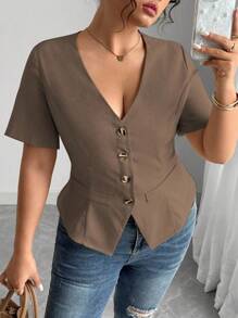 Elenzga Áo kiểu Pháp cổ chữ V tay ngắn cỡ lớn dành cho nữ, mùa hè - màu nâu - Xem 4