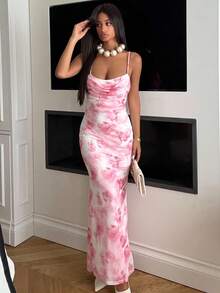 Ronhire 春季情人节甜美美丽情人节装圣瓦伦丁情人节复活节婚礼订婚成人礼女士奢华派对花卉印花连衣裙，非常适合春节、情人节 - 粉色 - 查看 1