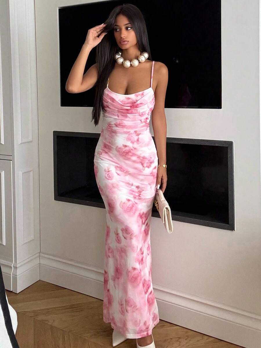 Ronhire 春季情人节甜美美丽情人节装圣瓦伦丁情人节复活节婚礼订婚成人礼女士奢华派对花卉印花连衣裙，非常适合春节、情人节 - 粉色 - 查看 1