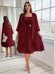 Ellevyn Plus Size Women Spring/Autumn Elegant Solid Color Rhinestone Decor Draped Front Waist Cinched Dress And Lightweight Jacket Set - Burgundy - View 6