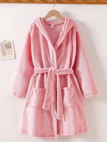 Tween Girls Plush Belted Robe Loungewear, Autumn/Winter Hooded Bathrobe Fuzzy Robe Girls Bathrobe Fall - Pink - View 4