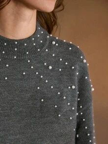 MOTF PREMIUM FAUX PEARL DETAIL STAND COLLAR DROP SHOULDER OVERSIZE SWEATER - Grey - View 2