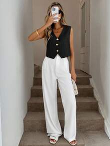 Easowa 女式 V 领不对称下摆金属纽扣前部休闲宽松通勤复古风格衬衫黑色纽扣背心 V 领背心上衣优雅黑色背心黑色背心上衣女式黑色背心 - 黑色 - 查看 5