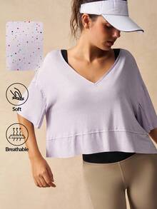 VARSIVA Camiseta deportiva casual para mujer con cuello en V, ajuste holgado y hombros caídos - Morado - Ver 2