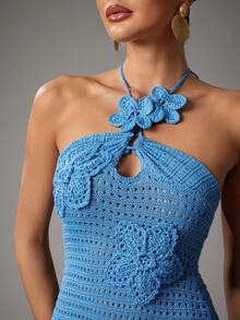 Hauture Women's Solid Color 3D Floral Decor Hollow-Out Halter Slim Knitted Dress - Blue - View 2