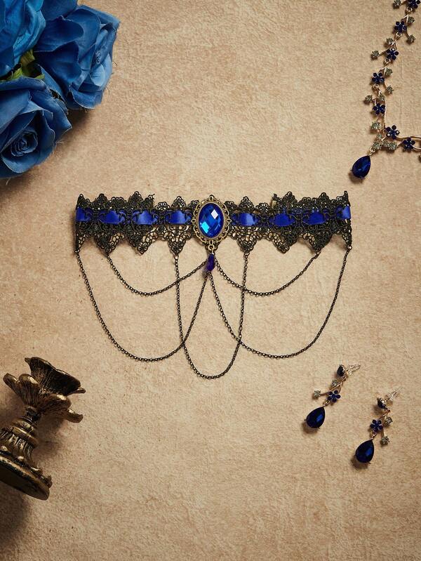 PinupGlam Vintage Palace Style Blue Gemstone Chain Lace Sexy Choker Necklace For Women Lingerie Accessories Royal Blue Lingerie Set Garter Set Blue Lace Choker