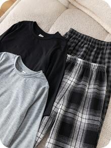 SHEIN 儿童/男孩 4 件套简约纯色圆领长袖 T 恤和格子图案宽松裤睡衣套装，柔软舒适的休闲家居服，适合所有季节 - 彩色 - 查看 7