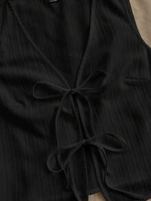 Soleia 女士度假白色编织纹理前开领带结休闲吊带背心，可作为分层穿着 - 黑色 - 查看 4