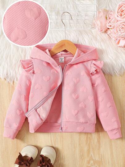 SHEIN Young Girl 3D Heart Pattern Ruffle Trim Zip Up Hooded Jacket,Autumn Winter. Fall