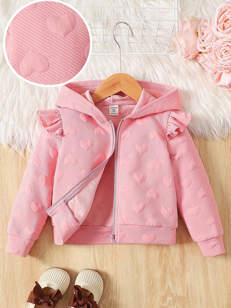SHEIN Young Girl 3D Heart Pattern Ruffle Trim Zip Up Hooded Jacket,Autumn Winter. Fall - Pink - View 1