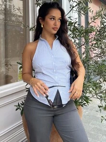 女式休闲修身蓝白条纹无领无袖衬衫 - 藍白色 - 查看 6