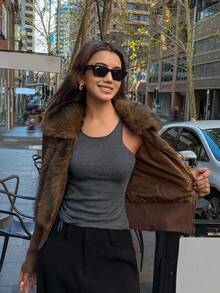 DAZY Women's Casual Loose Fit Short Fluffy Jacket, Elegant Minimalist Fashion Outerwear For Commuting, Autumn/Winter Women Coats - Brown - View 3