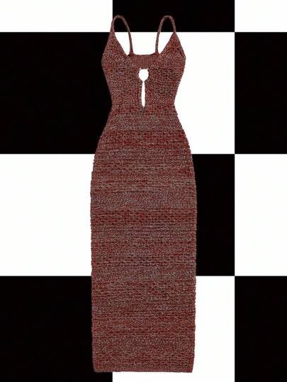 Y2Kool Vestido de punto de mujer de moda casual con tirantes finos, ajustado, vestido midi color burdeos, vestido con recortes, vestido texturizado, vestido de punto, vestido de fiesta, colección de ropa de estilo, nuevos atuendos de Año Nuevo