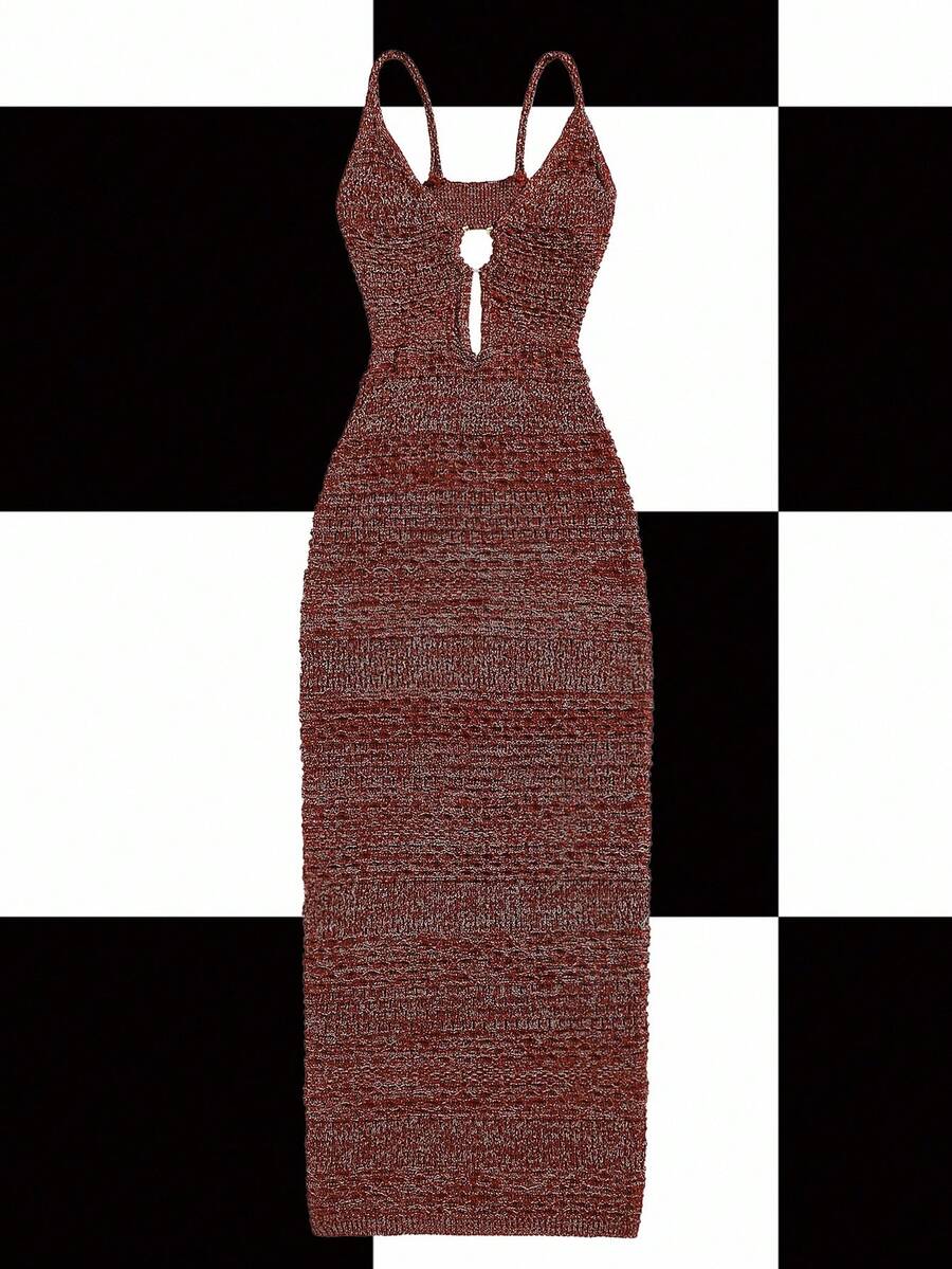 Glamance Women's Fashion Casual Spaghetti Strap Fitted Sweater Dress Maroon Dress Midi Dress Cut Out Dress Textured Dress Knit Dress Party Dress Stylish Clothing Collection New Year Outfits - Coffee Brown - View 1