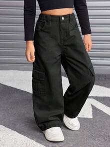 SHEIN Young Girl Y2K Cargo Pocket Loose Fit Casual Khaki Jeans, Girl Fall And Winter Street Cool Style Pant, Y2k Outfits For Girls, Black Cargo Pants For Girls, Kids Cargo Pants Y2k
