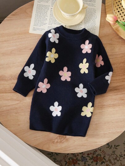 Round Neck Long Sleeve Floral Jacquard Dress, Versatile For Outdoor And Indoor Wear Baby Girls Winter Clothes Baby Girls Fall Clothes Baby Girl Fall Outfits